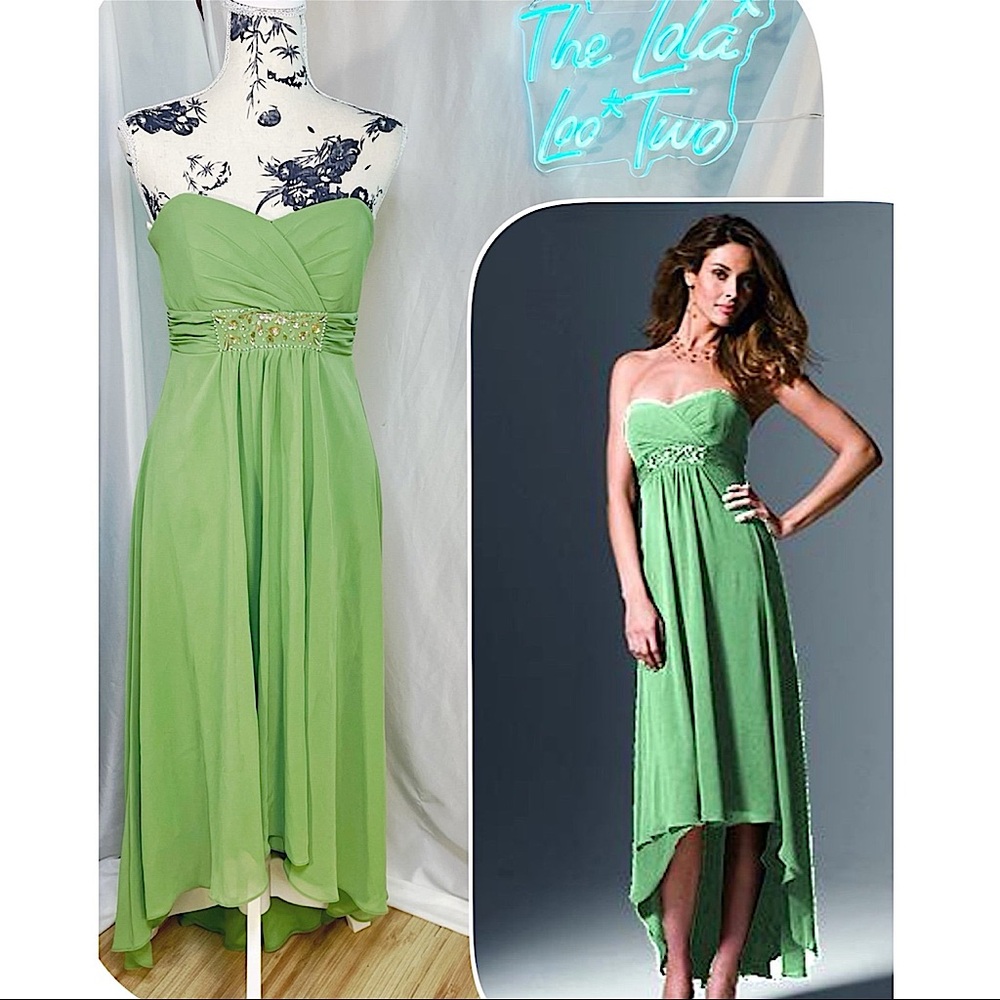 Vintage Y2K David’s Bridal Sage Green Pleated Strapless High-Low Formal Gown • 6